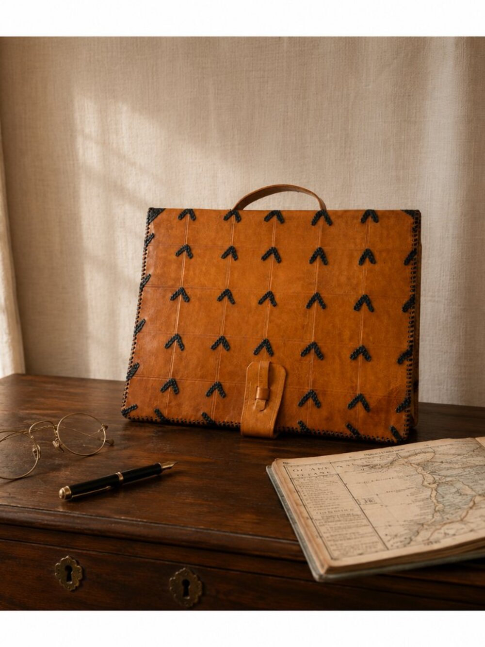 Vintage Handcrafted Leather Portfolio Briefcase Folio Whipstitched Document Case